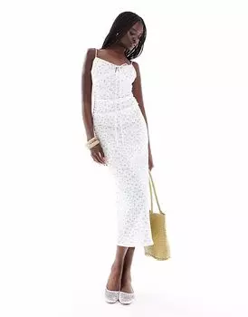 Длинное платье Pull&Bear с мелким цветочным узором белого цвета