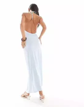 Длинное платье Pull&Bear с воротником-халтером цвета пудрово-голубой