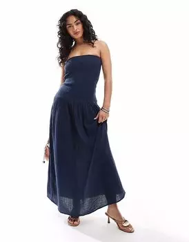Длинное платье Pull&Bear со сборками темно-синего цвета