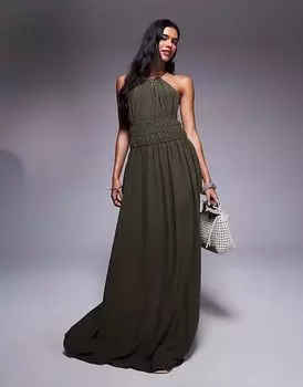 Длинное платье River Island с вырезом халтер цвета хаки