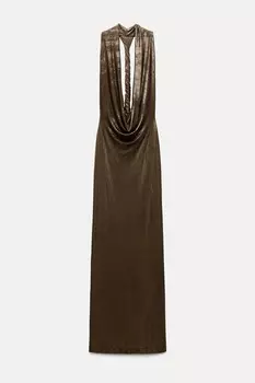 Длинное платье с бретельками через шею из фольги ZARA, бронзовый