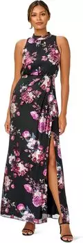 Длинное платье с бретельками из металлизированной фольги с принтом и воротником-стойкой Adrianna Papell, цвет Black Multi