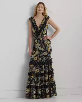 Длинное платье с цветами и рюшами Lauren Ralph Lauren, мультиколор