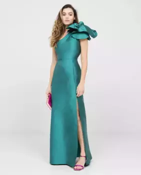 Длинное платье с цветочной деталью на плече Veneno en la piel, зеленый