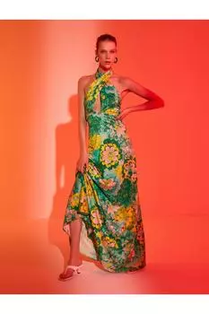 Длинное платье с цветочным принтом и вырезом на шее Koton, экрю