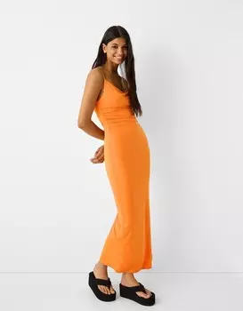 Длинное платье с драпировкой и бретельками Bershka, оранжевый
