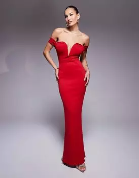 Длинное платье с глубоким вырезом и открытыми плечами красного цвета True Violet