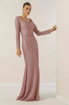 Длинное платье с квадратным вырезом на подкладке и ограненными камнями, широкий размерный ряд By Sayg, розовый