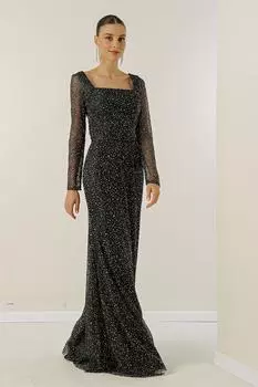 Длинное платье с квадратным вырезом на подкладке и ограненными камнями, широкий размерный ряд By Sayg, черный