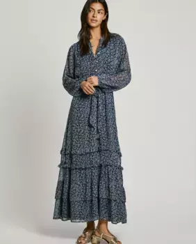 Длинное платье с оборками и цветочным принтом Pepe Jeans, тёмно-синий