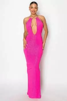 Длинное платье с отделкой из колье-халтера FASHNZFAB, фуксия