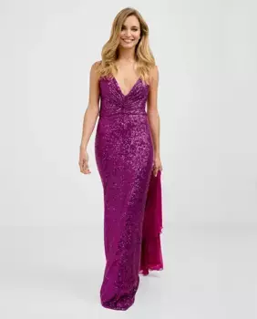 Длинное платье с пайетками и V-образным вырезом Veneno en la piel, фуксия