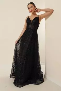 Длинное платье с пайетками и вышивкой из бисера, черное By Sayg, черный