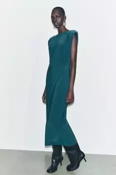 Длинное платье с подплечниками ZARA, цвет duck green