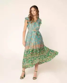 Длинное платье с принтом, бантом и воланом по низу Niza, зеленый