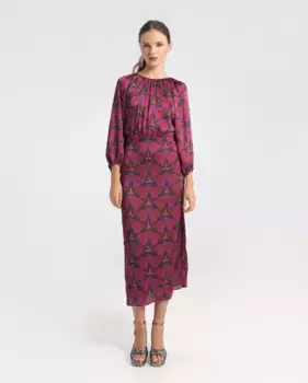 Длинное платье с принтом, длинными рукавами-фонариками и вырезом сзади Noon, цвет Fucsia