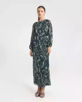 Длинное платье с принтом, длинными рукавами-фонариками и разрезом спереди и сзади Noon, зеленый