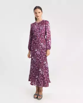 Длинное платье с принтом, длинными рукавами-фонариками и разрезом спереди и сзади Noon, фиолетовый
