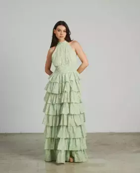 Длинное платье с принтом, воротник-хальтер, сборки и рюши Alma en Pena, зеленый