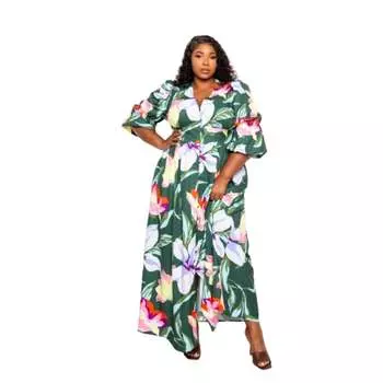 Длинное платье с пуговицей спереди FASHNZFAB, оливковый/мультиколор