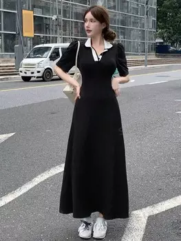 Длинное платье с пышными рукавами, воротником, цветными блоками, повседневное для женщин, снова в школу Dazy, черный