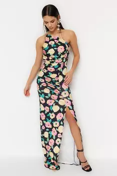 Длинное платье с разрезом и сборками Trendyol, черный