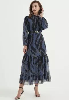 Длинное платье с рисунком и поясом Bonema, синий