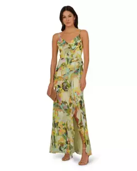 Длинное платье с рюшами и V-образным вырезом Adrianna Papell, зеленый