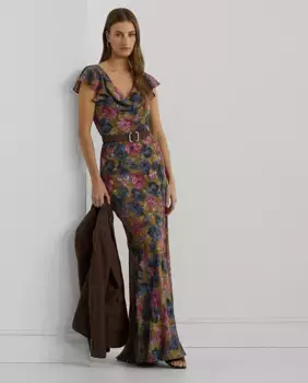 Длинное платье с рюшами на рукавах и цветами Lauren Ralph Lauren, мультиколор