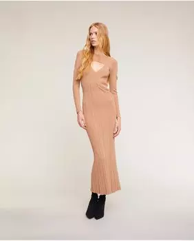 Длинное платье с трикотажной накладкой на плечи в рубчик Motivi, бежевый