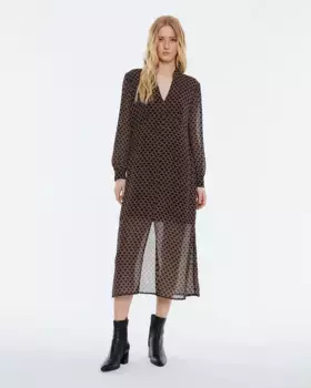 Длинное платье с v-образным вырезом и принтом, длинными рукавами и подкладкой Andam, черный