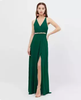 Длинное платье с V-образным вырезом и боковым разрезом Veneno en la piel, зеленый