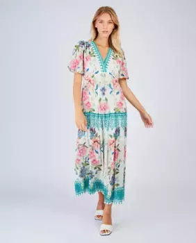 Длинное платье с V-образным вырезом и коротким рукавом Derhy, бирюзовый