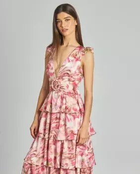 Длинное платье с V-образным вырезом и цветочным принтом, с рюшами на юбке Alma en Pena, розовый