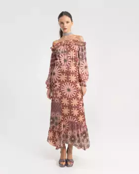 Длинное платье с вырезом без бретелек и длинными рукавами с цветочным принтом Noon, розовый