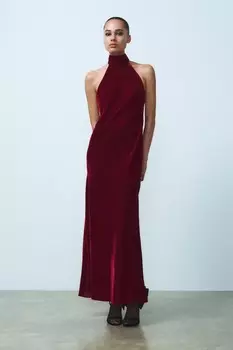 Длинное платье с вырезом-халтером ZARA, интенсивный красный