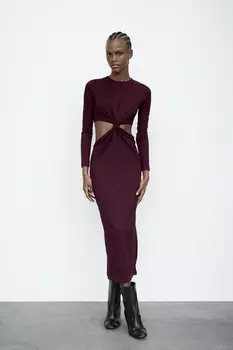 Длинное платье с вырезом и узловой деталью ZARA, бордовый