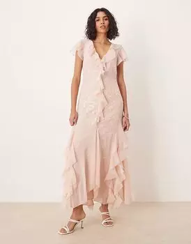 Длинное платье с вышитыми оборками и рукавами-ангелочками ASOS DESIGN в темно-розовом цвете
