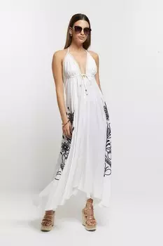 Длинное платье с вышивкой и глубоким вырезом River Island, бежевый