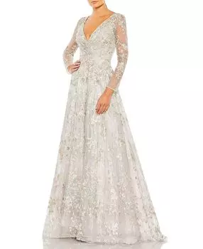 Длинное платье с запахом, рукавами-иллюзиями и декоративными элементами, силуэт А-силуэта Mac Duggal, мультиколор