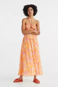 Длинное платье с застежкой на шее H&M, апельсин/цветы
