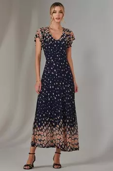 Длинное платье сетка с зеркальным принтом Gina Jolie Moi, синий