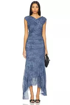 Длинное платье-трансформер из меланжевой сетки со сборками Ganni, синий