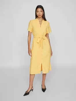 Длинное платье Vila Kurze rmel Geknpfte Vorderseite Taillengrtel, желтый
