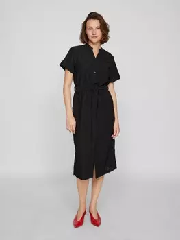 Длинное платье Vila Kurze rmel Geknpfte Vorderseite Taillengrtel, черный
