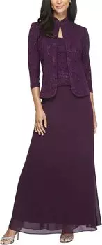 Длинное платье-жакет жаккардовой вязки с воротником-стойкой Жакет Alex Evenings, цвет Eggplant
