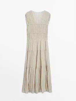 Длинное плиссированное платье из рами и лиоцелла Massimo Dutti, бежевый
