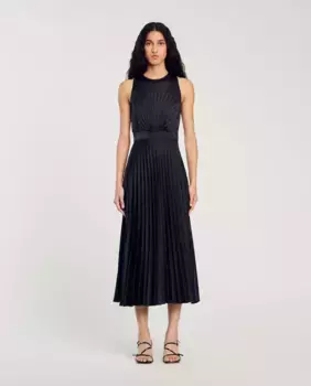 Длинное плиссированное платье Sandro, черный