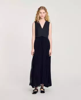 Длинное плиссированное платье Sandro, черный