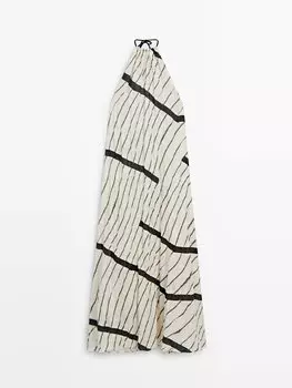 Длинное полосатое льняное платье с бретельками Massimo Dutti, бежевый